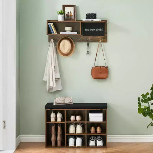 Acekool 31.5 Entryway Set - Wall Mount Coat Rack + Shoe Bench with Storage & Blackboard, Retro Design