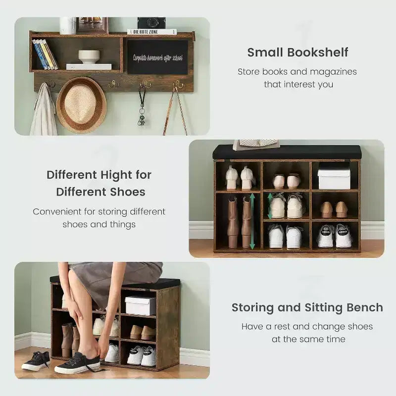 Ensemble d'entrée Acekool 31.5 - Porte-manteau mural + banc à chaussures avec rangement et tableau noir, design rétro