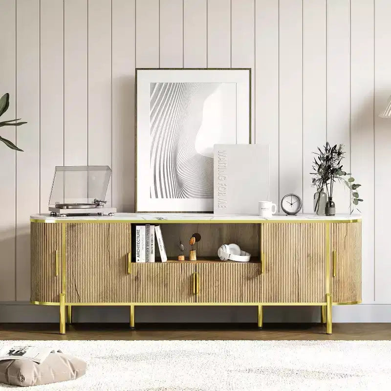 Meuble TV cannelé COZONY de 178 cm pour téléviseurs jusqu'à 80 pouces, console multimédia avec plateau en faux marbre et portes coulissantes