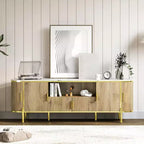 Meuble TV cannelé COZONY de 178 cm pour téléviseurs jusqu'à 80 pouces, console multimédia avec plateau en faux marbre et portes coulissantes