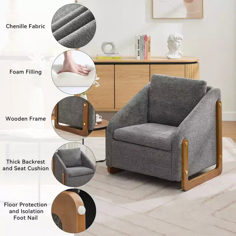 Fauteuil rembourré moderne Zeus & Ruta en tissu chenille avec cadre latéral en bois, assise et dossier rembourrés