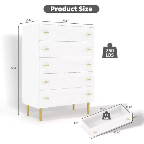 Commode Acekool à 5 tiroirs, commode haute rustique blanche de 112 cm avec poignées-barres, organisateur de rangement moderne style ferme pour chambre à coucher, salon