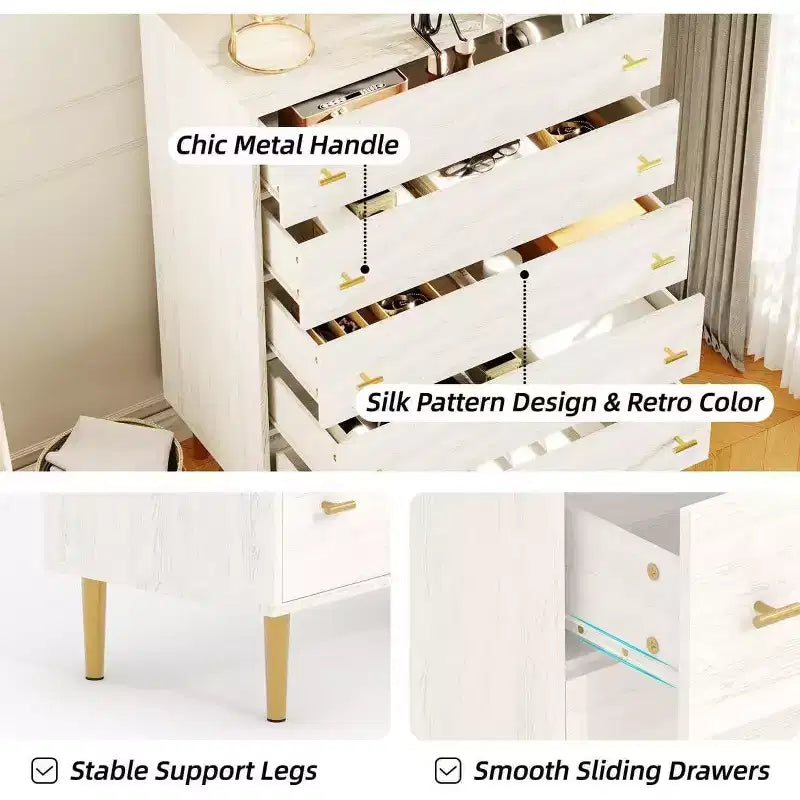 Commode Acekool à 5 tiroirs, commode haute rustique blanche de 112 cm avec poignées-barres, organisateur de rangement moderne style ferme pour chambre à coucher, salon