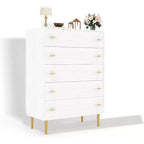 Commode Acekool à 5 tiroirs, commode haute rustique blanche de 112 cm avec poignées-barres, organisateur de rangement moderne style ferme pour chambre à coucher, salon