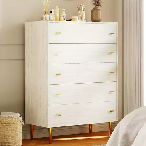 Acekool 5 Drawer Dresser, 44 Tall White Rustic Chest with Bar Handles, Modern Farmhouse Storage Organizer for Bedroom, Living Room