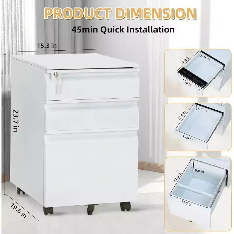 Acekool Caisson de bureau mobile à 3 tiroirs – Rangement verrouillable avec roulettes anti-basculement, compatible avec les dossiers lettres/format légal/A4, organisateur sous le bureau, noir