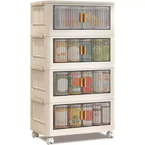 Acekool 31.5 Foldable Storage Bins with Lids, 4 Tier Stackable Organizer with Magnetic Doors and Wheels for Living Room