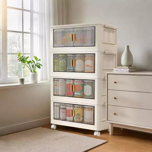 Boîtes de rangement pliables Acekool 31,5 avec couvercles, organiseur empilable à 4 niveaux avec portes magnétiques et roulettes pour le salon