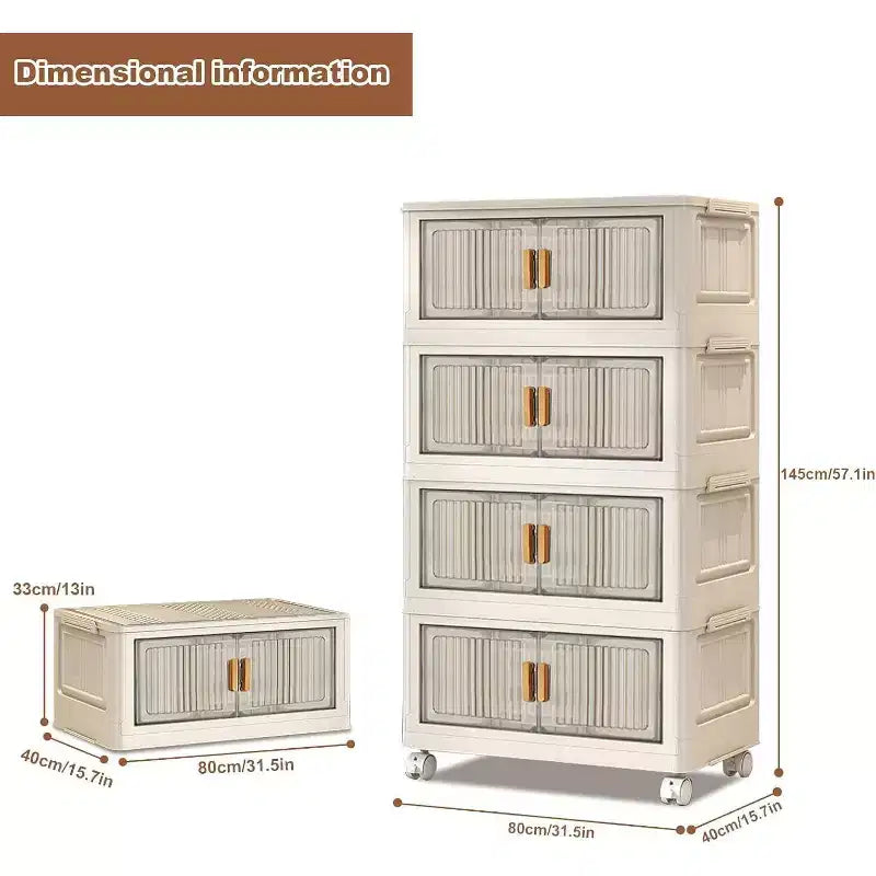 Boîtes de rangement pliables Acekool 31,5 avec couvercles, organiseur empilable à 4 niveaux avec portes magnétiques et roulettes pour le salon
