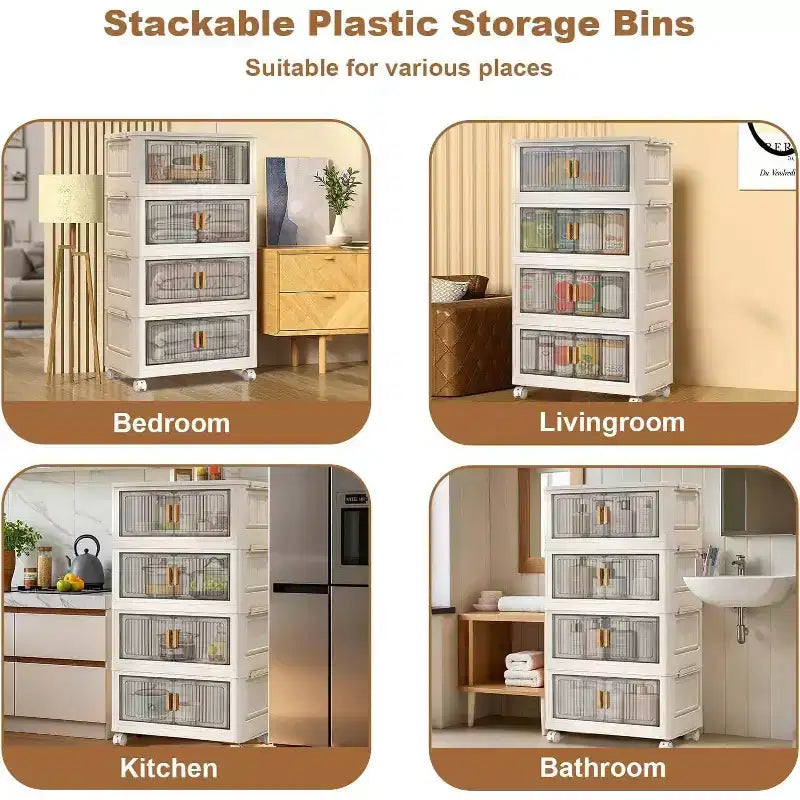 Boîtes de rangement pliables Acekool 31,5 avec couvercles, organiseur empilable à 4 niveaux avec portes magnétiques et roulettes pour le salon