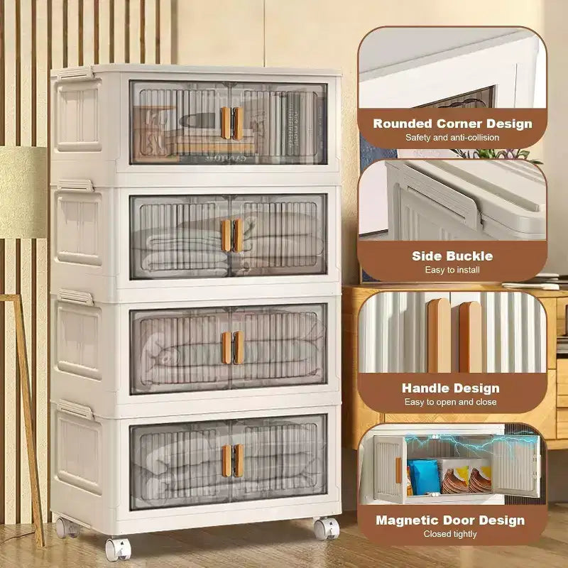 Boîtes de rangement pliables Acekool 31,5 avec couvercles, organiseur empilable à 4 niveaux avec portes magnétiques et roulettes pour le salon