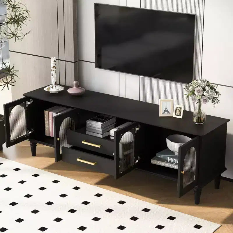 Meuble TV Bestier 69 pour téléviseurs jusqu'à 75 pouces, meuble de salon, console média avec portes en verre cannelé cintrées, 2 tiroirs de rangement