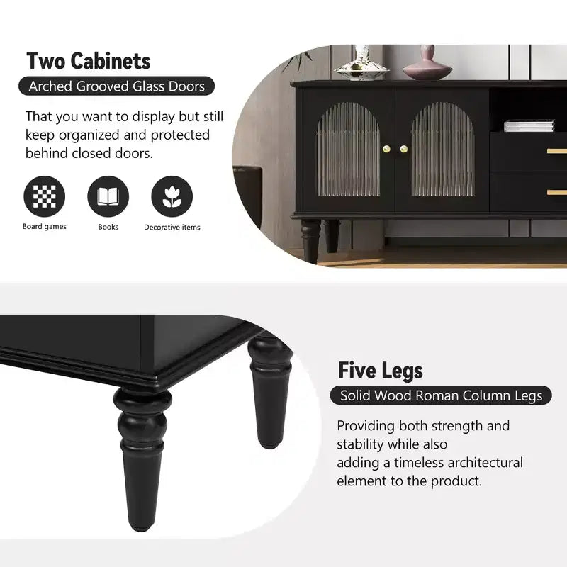 Meuble TV Bestier 69 pour téléviseurs jusqu'à 75 pouces, meuble de salon, console média avec portes en verre cannelé cintrées, 2 tiroirs de rangement