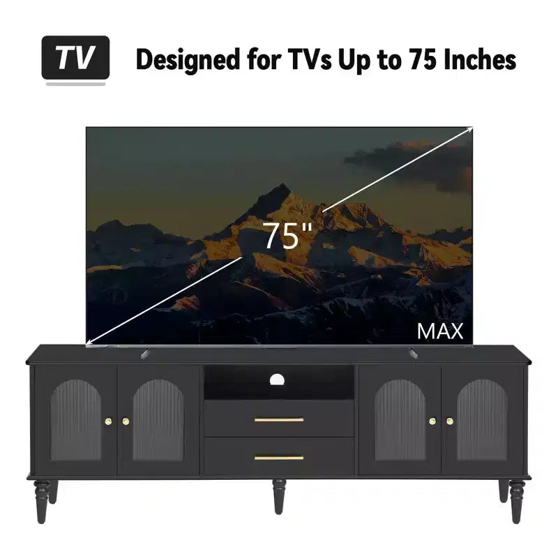 Meuble TV Bestier 69 pour téléviseurs jusqu'à 75 pouces, meuble de salon, console média avec portes en verre cannelé cintrées, 2 tiroirs de rangement