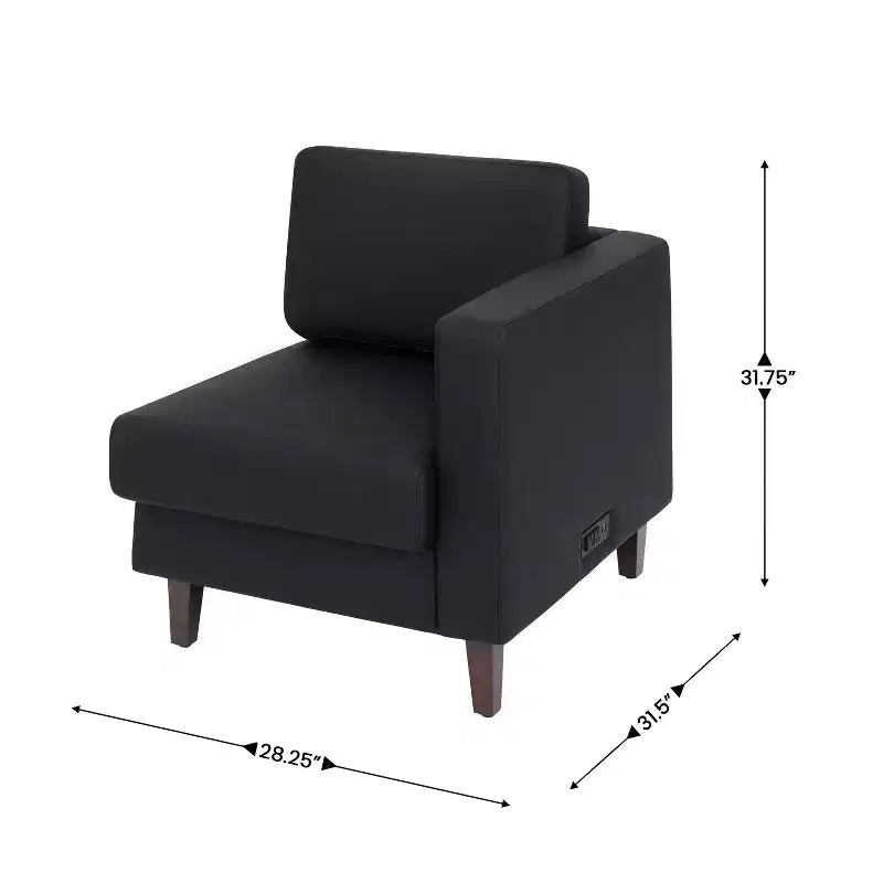 Fauteuil de réception HERCULES Artemis rembourré à accoudoir droit de Flash Furniture, 2 prises CA/1 port USB/1 port USB-C et pieds en bois de noyer avec patin de sol réglable