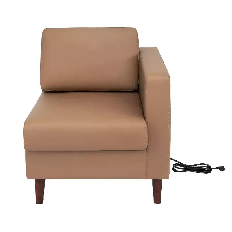Fauteuil de réception HERCULES Artemis rembourré à accoudoir droit de Flash Furniture, 2 prises CA/1 port USB/1 port USB-C et pieds en bois de noyer avec patin de sol réglable