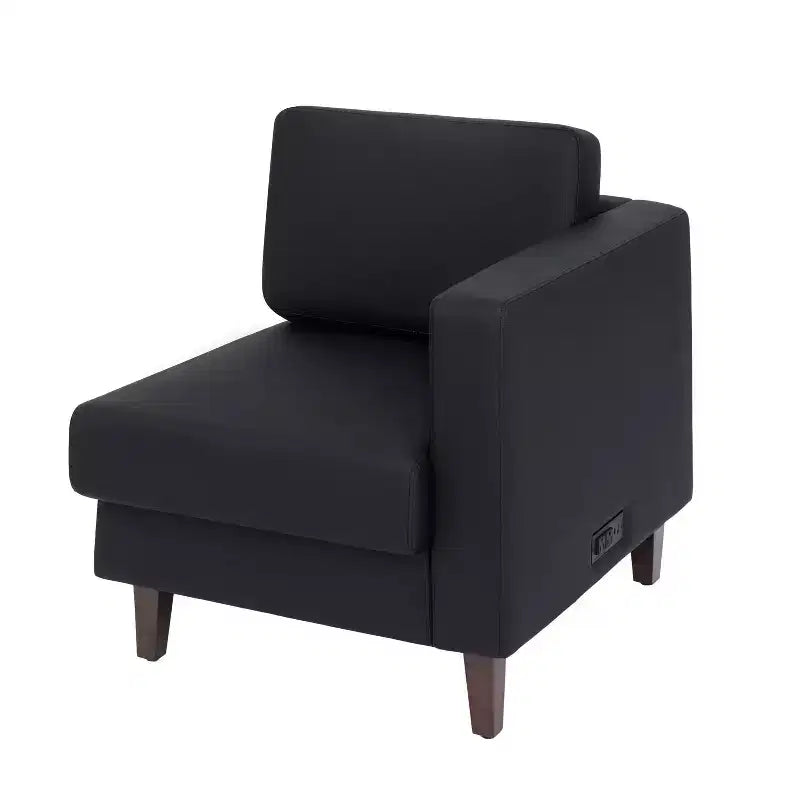 Fauteuil de réception HERCULES Artemis rembourré à accoudoir droit de Flash Furniture, 2 prises CA/1 port USB/1 port USB-C et pieds en bois de noyer avec patin de sol réglable