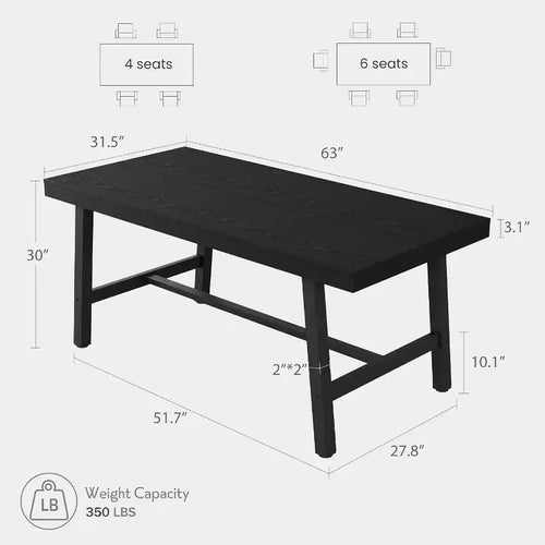Grande table à manger rectangulaire de 160 cm pour 4 à 6 personnes, table de cuisine rustique en bois avec pieds en métal, table de patio industrielle pour salon, salle à manger