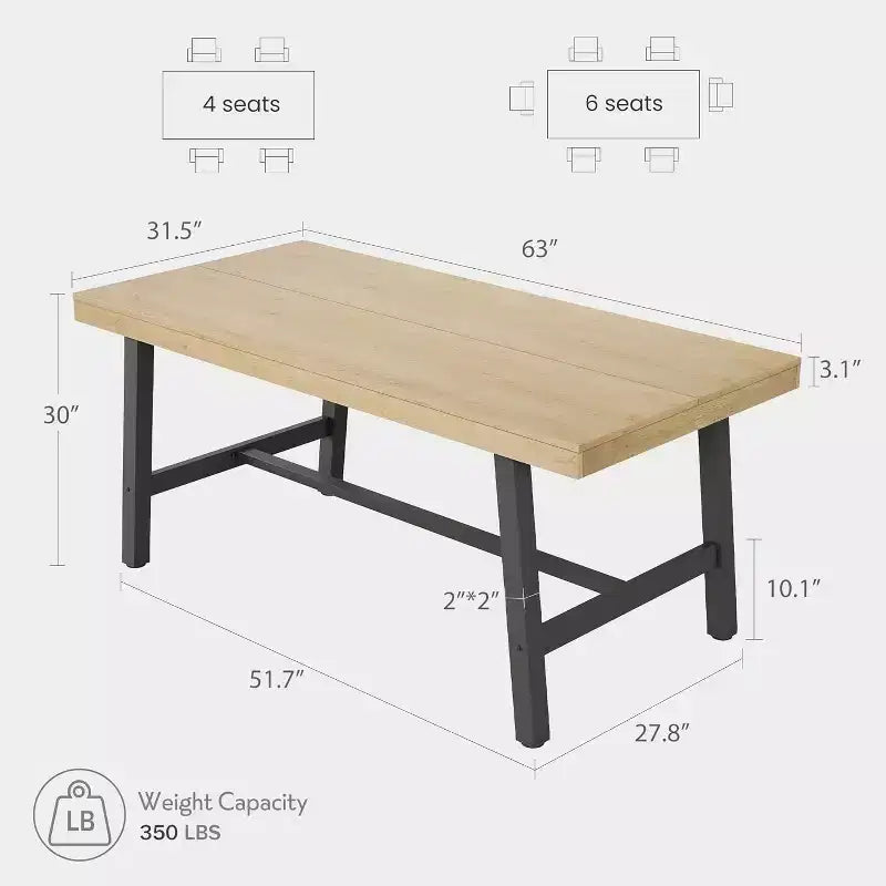 Grande table à manger rectangulaire de 160 cm pour 4 à 6 personnes, table de cuisine rustique en bois avec pieds en métal, table de patio industrielle pour salon, salle à manger