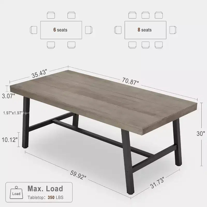 Grande table à manger rectangulaire de 160 cm pour 4 à 6 personnes, table de cuisine rustique en bois avec pieds en métal, table de patio industrielle pour salon, salle à manger