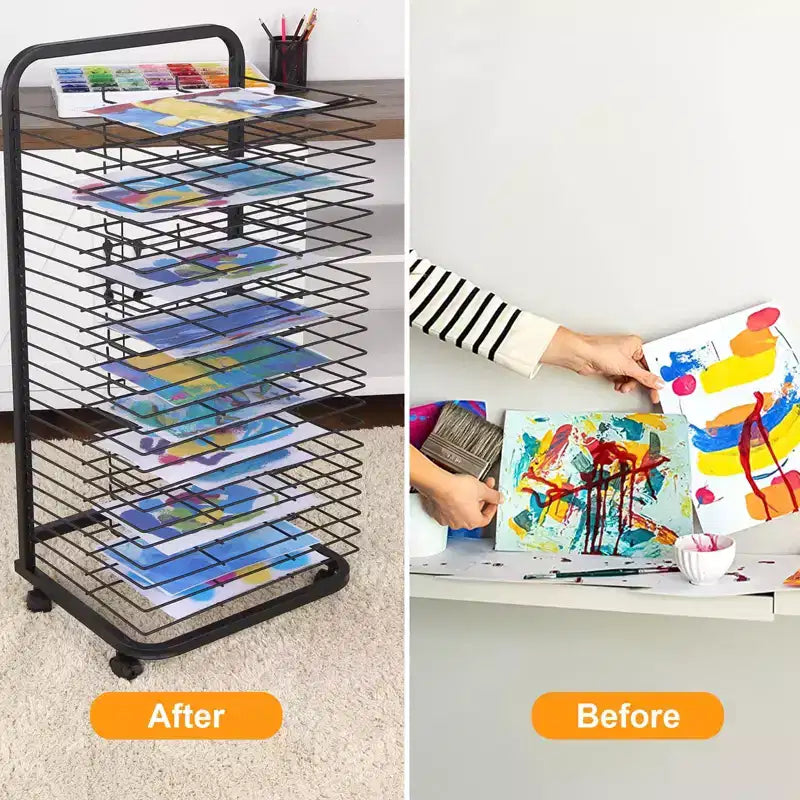 Séchoir à dessins, Séchoir à toiles – 25 étagères amovibles, Rangement mobile en métal pour salles de classe, ateliers d'art, 34x44x105 cm