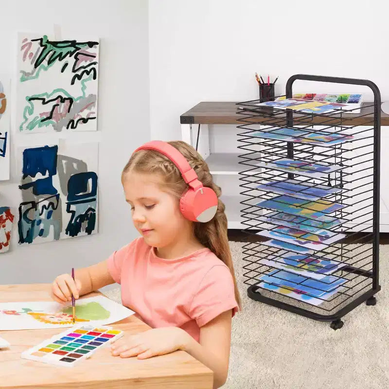 Séchoir à dessins, Séchoir à toiles – 25 étagères amovibles, Rangement mobile en métal pour salles de classe, ateliers d'art, 34x44x105 cm