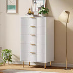 Commode moderne en bois de 122 cm de haut avec 5 tiroirs cannelés profonds et un large plateau pour chambre à coucher, salon, couloir, chambre d'enfant