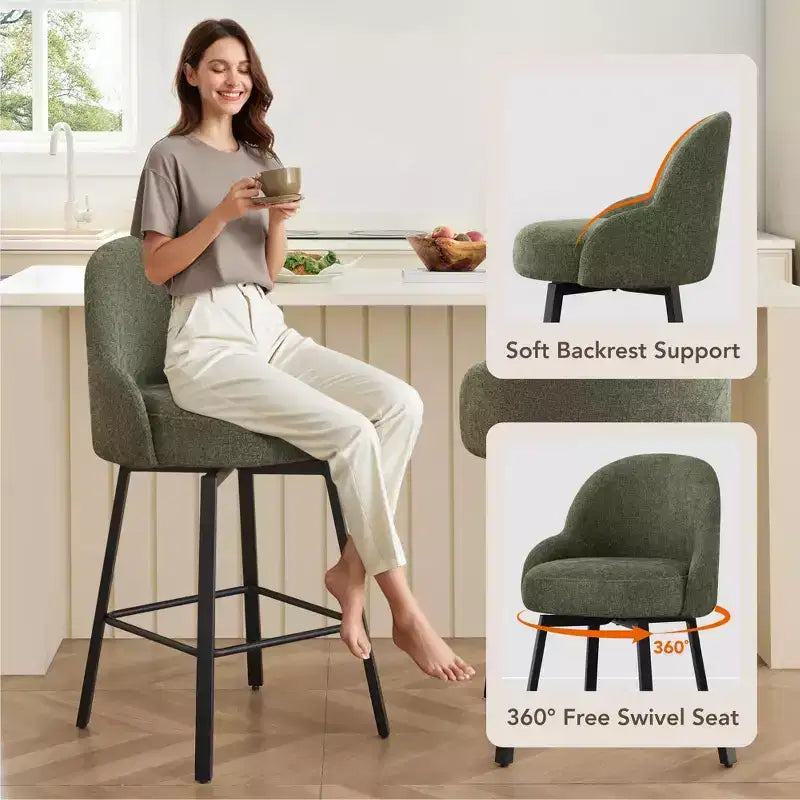 Tabouret de comptoir pivotant moderne Spruce&Spring avec dossier bas incurvé et assise rembourrée moelleuse