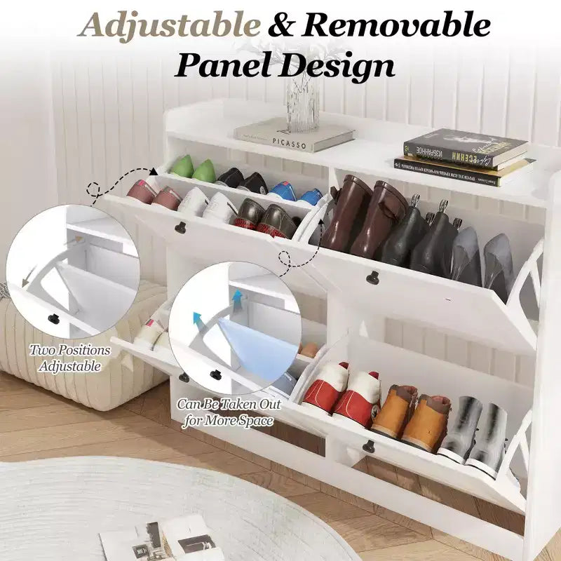 Meuble à chaussures avec tiroirs basculants, Meuble à chaussures étroit avec pieds en bois, Organisateur de chaussures autoportant pour couloir, chambre, salon