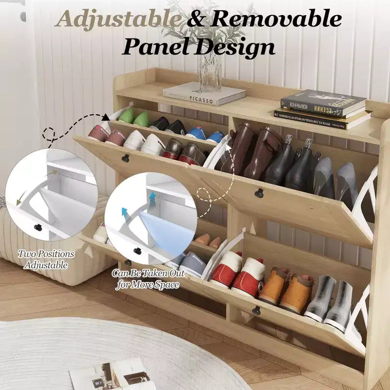 Meuble à chaussures avec tiroirs basculants, Meuble à chaussures étroit avec pieds en bois, Organisateur de chaussures autoportant pour couloir, chambre, salon