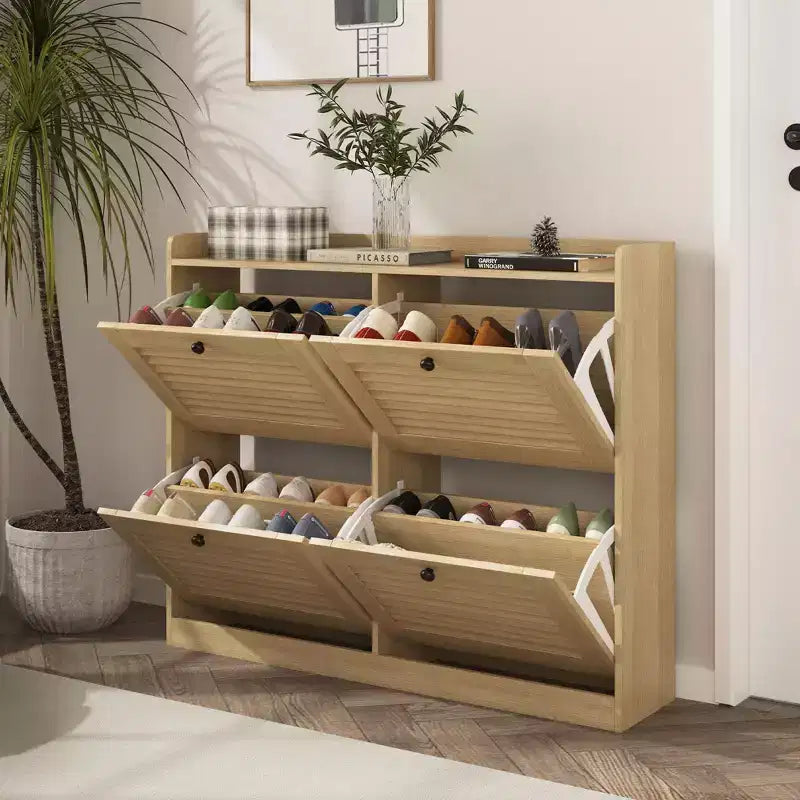 Meuble à chaussures avec tiroirs basculants, Meuble à chaussures étroit avec pieds en bois, Organisateur de chaussures autoportant pour couloir, chambre, salon