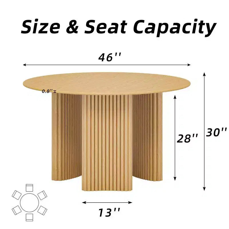 PexFix Table de salle à manger ronde 117 cm pour 4 personnes avec plateau à bords arqués et pieds cannelés pour salon salle à manger café bureau Naturel