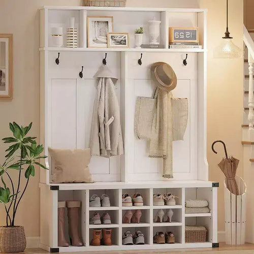 Acekool 76 Hall Tree with Bench, Shoe Storage, Coat Rack, 6 Hooks & Adjustable Shelf, Farmhouse Entryway Organizer, White