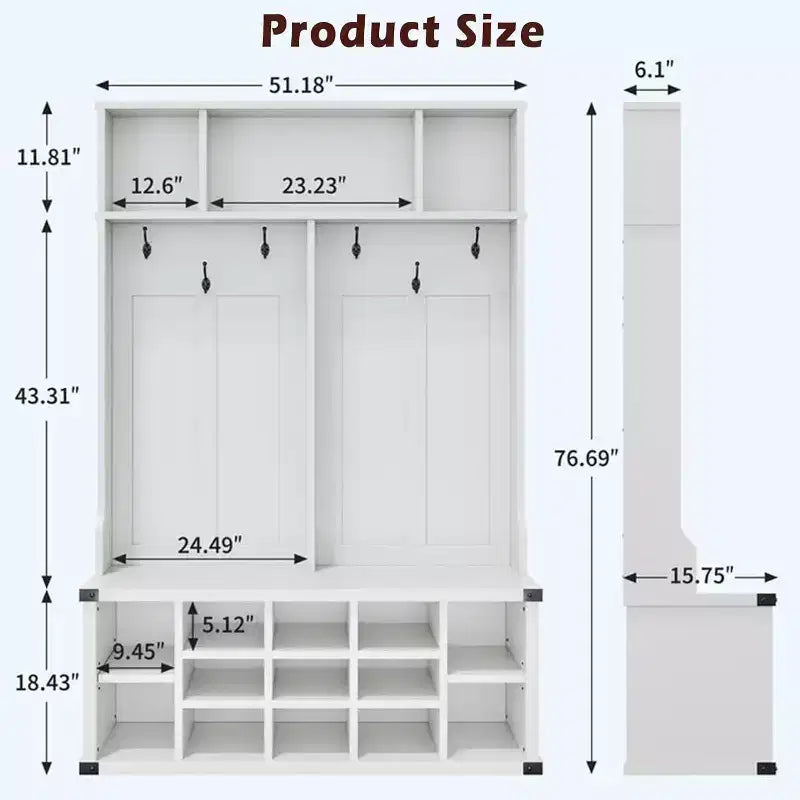 Acekool 76 Meuble d'entrée avec banc, rangement de chaussures, porte-manteau, 6 crochets et étagère réglable, organisateur d'entrée de ferme, blanc