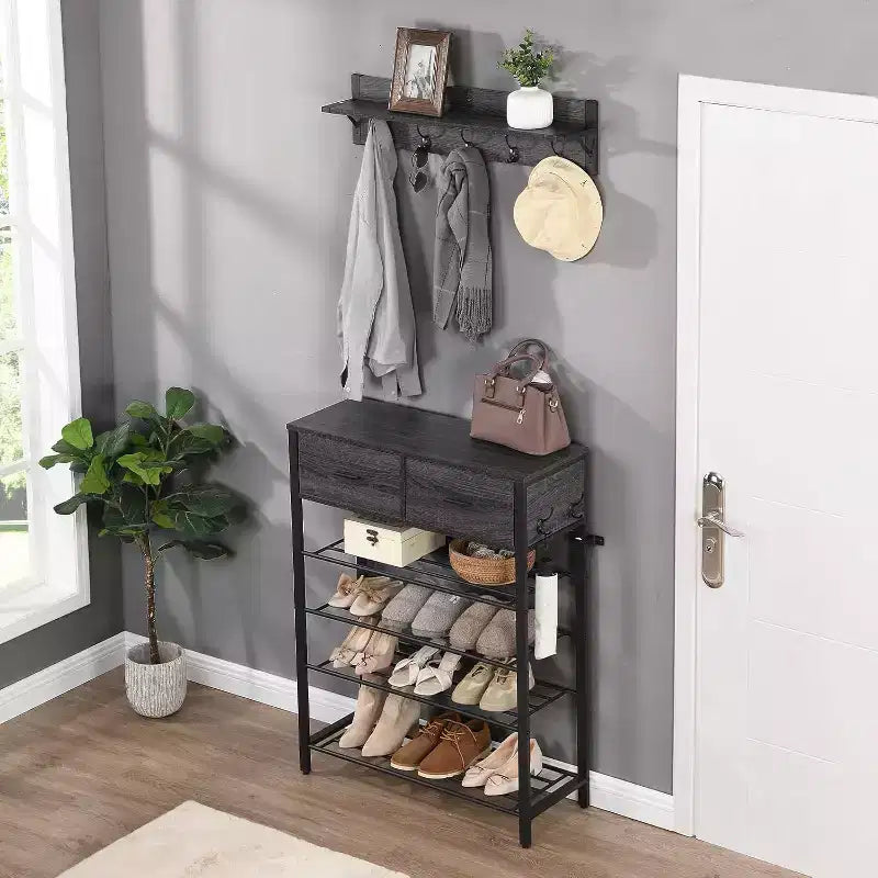 Meuble à Chaussures 4 Niveaux Avec 2 Tiroirs, Étagère à Chaussures Un Ensemble Meuble d'entrée avec Rangement et Crochets 80 x 30 x 107.5 cm