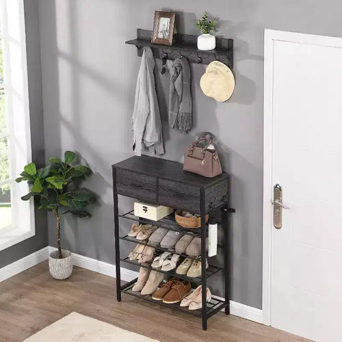 Meuble à Chaussures 4 Niveaux Avec 2 Tiroirs, Étagère à Chaussures Un Ensemble Meuble d'entrée avec Rangement et Crochets 80 x 30 x 107.5 cm
