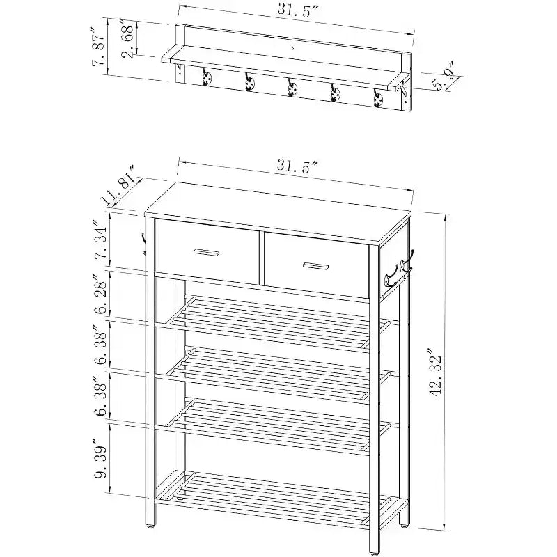 Meuble à Chaussures 4 Niveaux Avec 2 Tiroirs, Étagère à Chaussures Un Ensemble Meuble d'entrée avec Rangement et Crochets 80 x 30 x 107.5 cm
