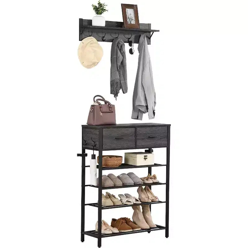 Meuble à Chaussures 4 Niveaux Avec 2 Tiroirs, Étagère à Chaussures Un Ensemble Meuble d'entrée avec Rangement et Crochets 80 x 30 x 107.5 cm