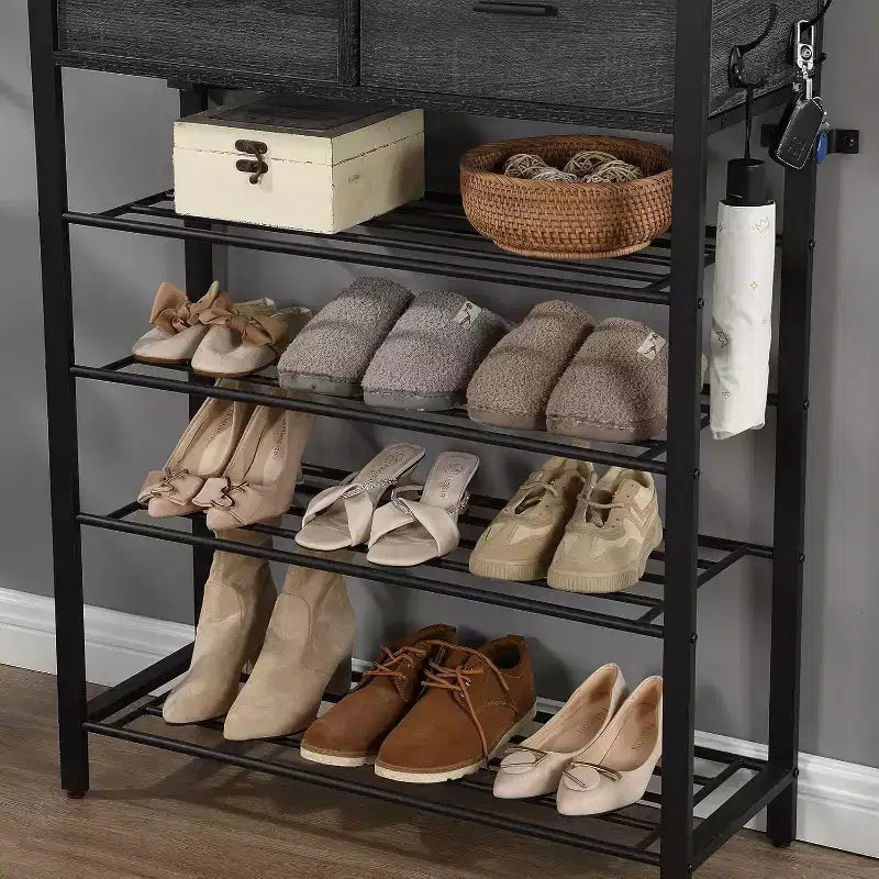 Meuble à Chaussures 4 Niveaux Avec 2 Tiroirs, Étagère à Chaussures Un Ensemble Meuble d'entrée avec Rangement et Crochets 80 x 30 x 107.5 cm
