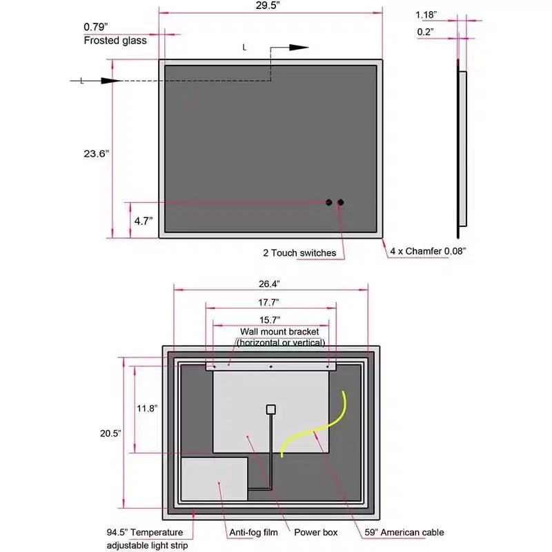 Miroir de salle de bain à LED, Miroir en verre rétroéclairé mural, Miroir lumineux intelligent à double commande (horizontal/vertical) blanc