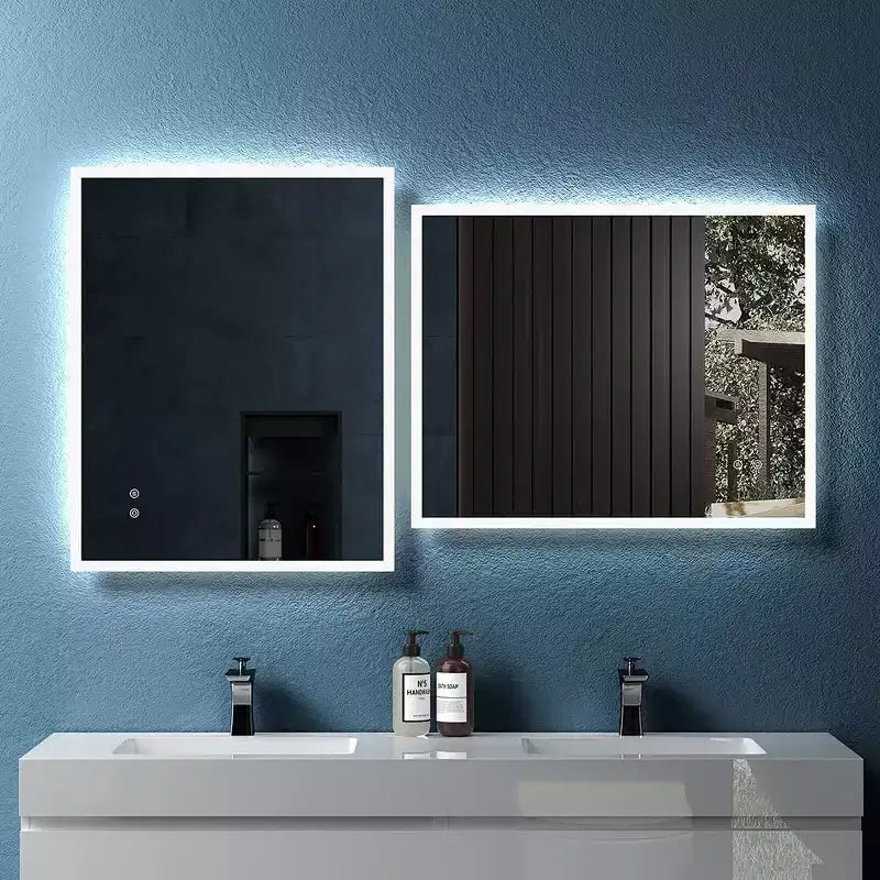 Miroir de salle de bain à LED, Miroir en verre rétroéclairé mural, Miroir lumineux intelligent à double commande (horizontal/vertical) blanc