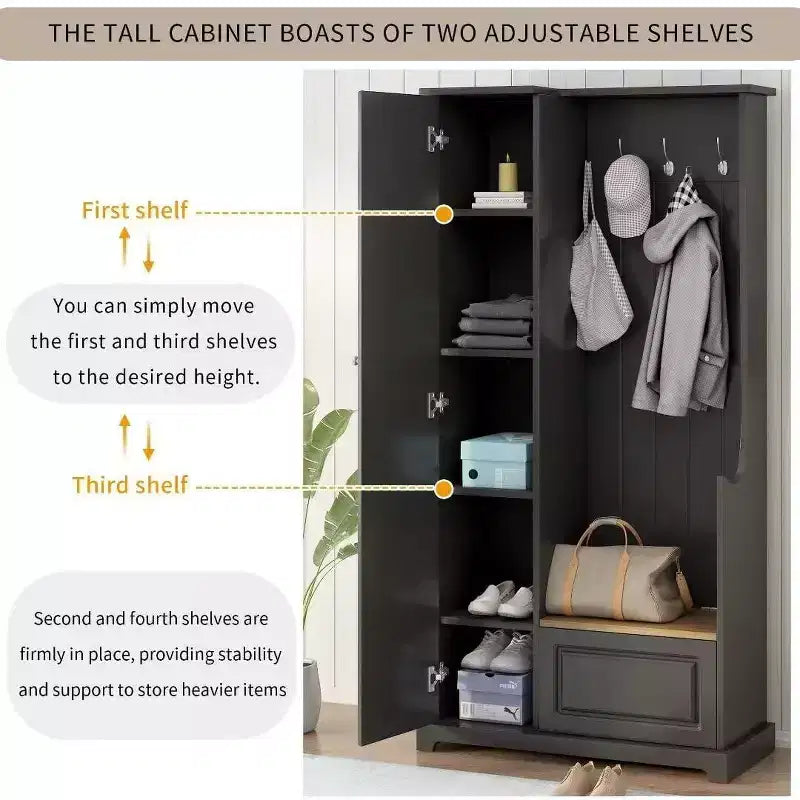 Meuble à chaussures minimaliste pour entrée avec banc à abattant, meuble d'entrée multifonctionnel, étagères réglables et crochets d'entrée