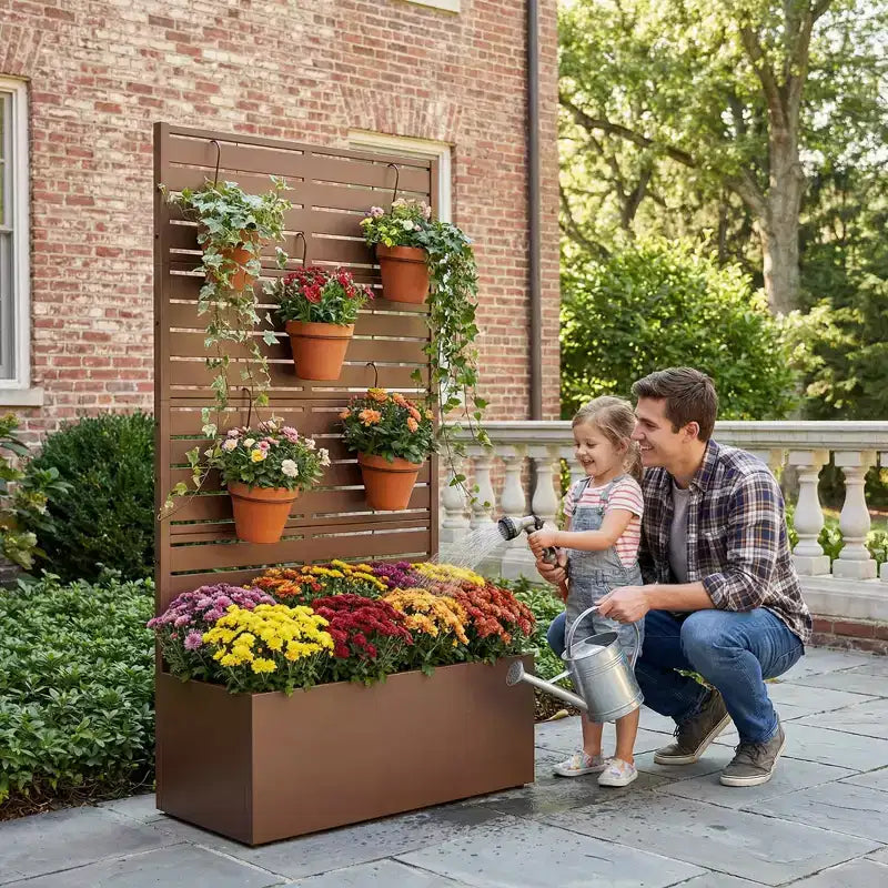 MAYEERTY Jardinière en fer forgé marron avec treillis (persiennes classiques), 59x30x12, Solution de plantation extérieure durable 4 pièces