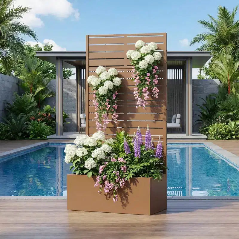 MAYEERTY Jardinière en fer forgé marron avec treillis (persiennes classiques), 59x30x12, Solution de plantation extérieure durable 4 pièces