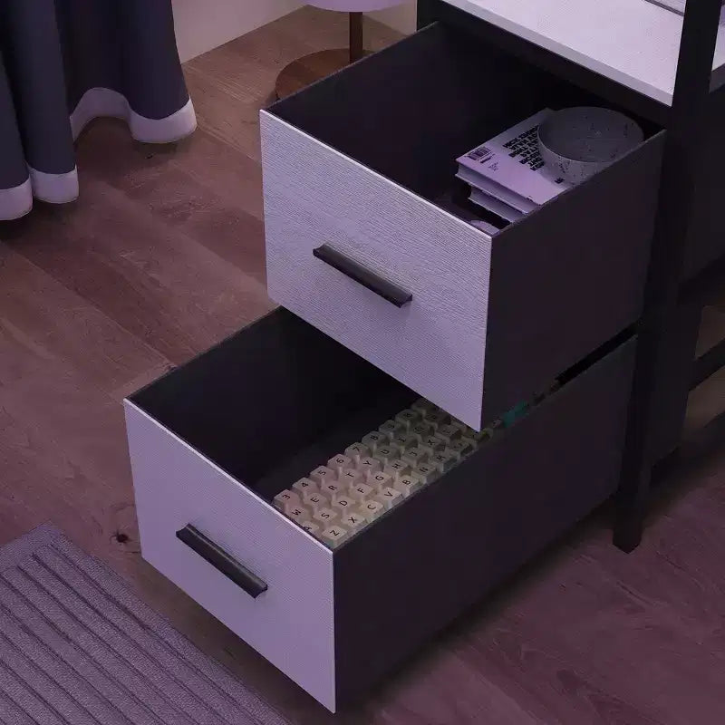 Bureau de jeu LED Famapy, avec cadre en métal, prise de courant intégrée, tiroirs et double plateau surélevé