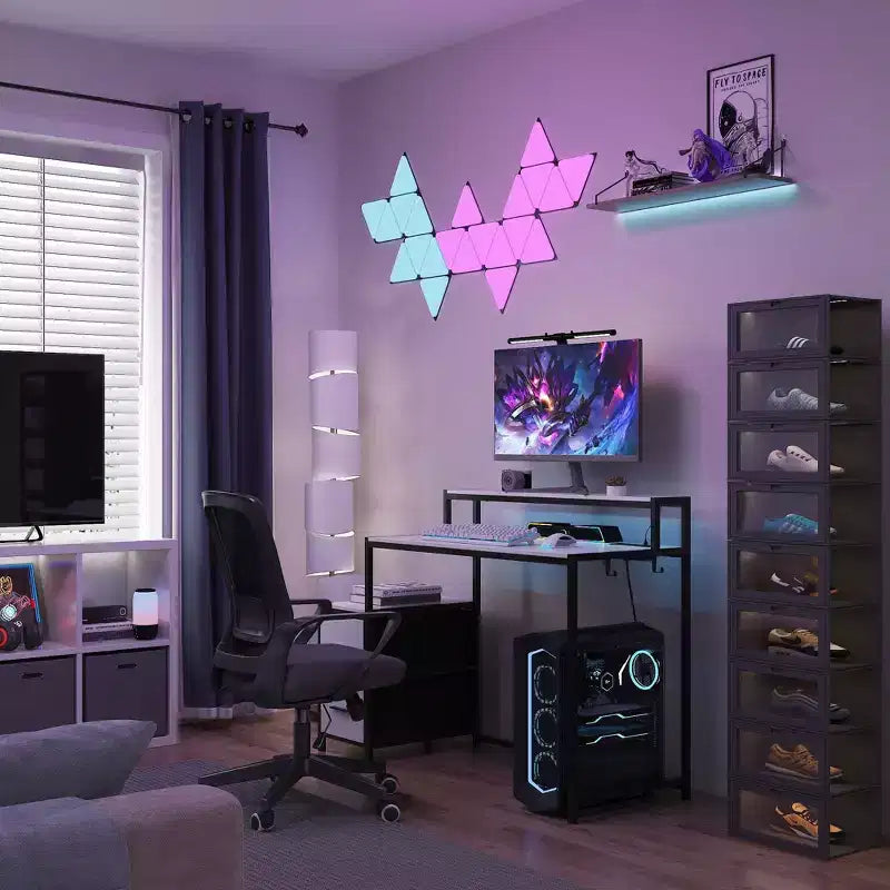 Bureau de jeu LED Famapy, avec cadre en métal, prise de courant intégrée, tiroirs et double plateau surélevé