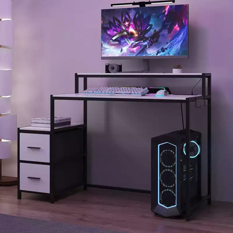 Bureau de jeu LED Famapy, avec cadre en métal, prise de courant intégrée, tiroirs et double plateau surélevé