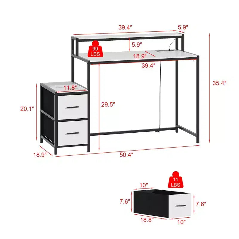Bureau de jeu LED Famapy, avec cadre en métal, prise de courant intégrée, tiroirs et double plateau surélevé