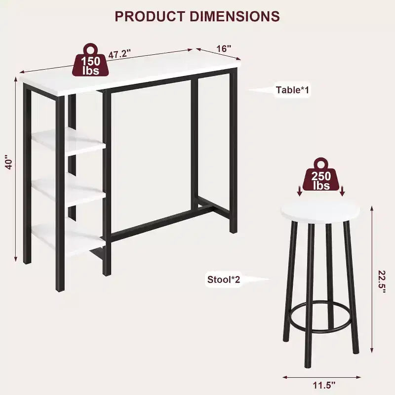 Ensemble bistro 2 personnes Acekool - Table peu encombrante avec 3 étagères de rangement
