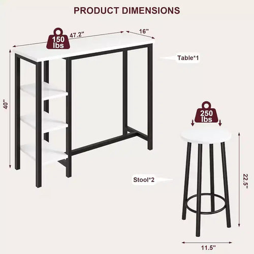 Ensemble bistro 2 personnes Acekool - Table peu encombrante avec 3 étagères de rangement